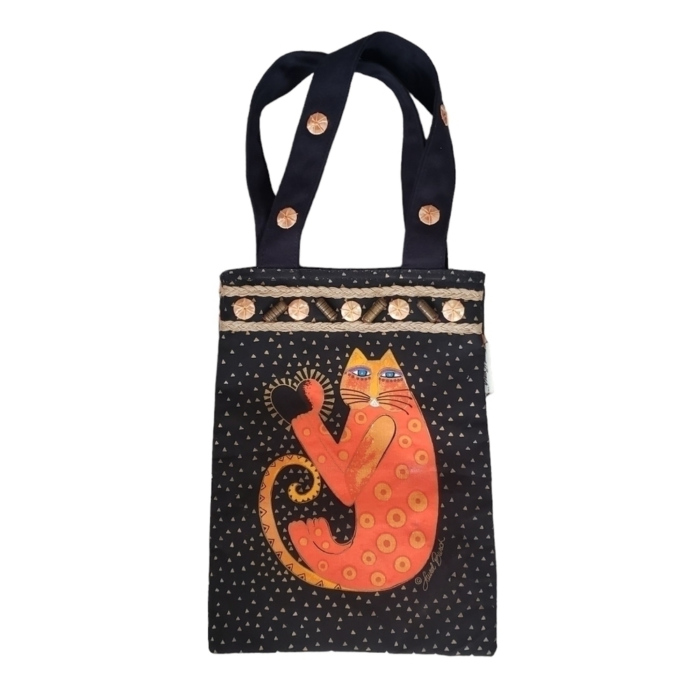 Laurel Burch Cotton Canvas Tote Bag Whimsical Cat Print Black Orange